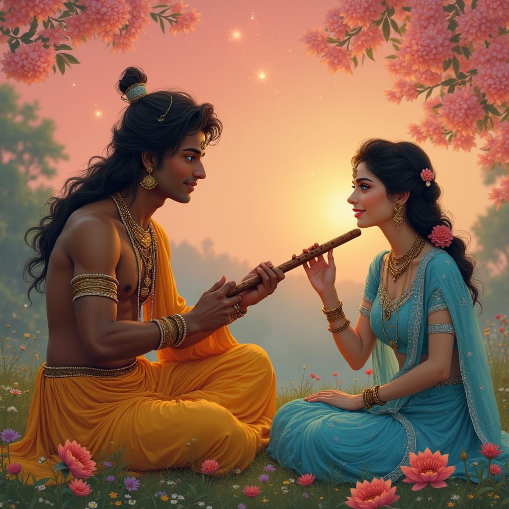 Radiant Radharani Gazing Lovingly at Handsome Krishna