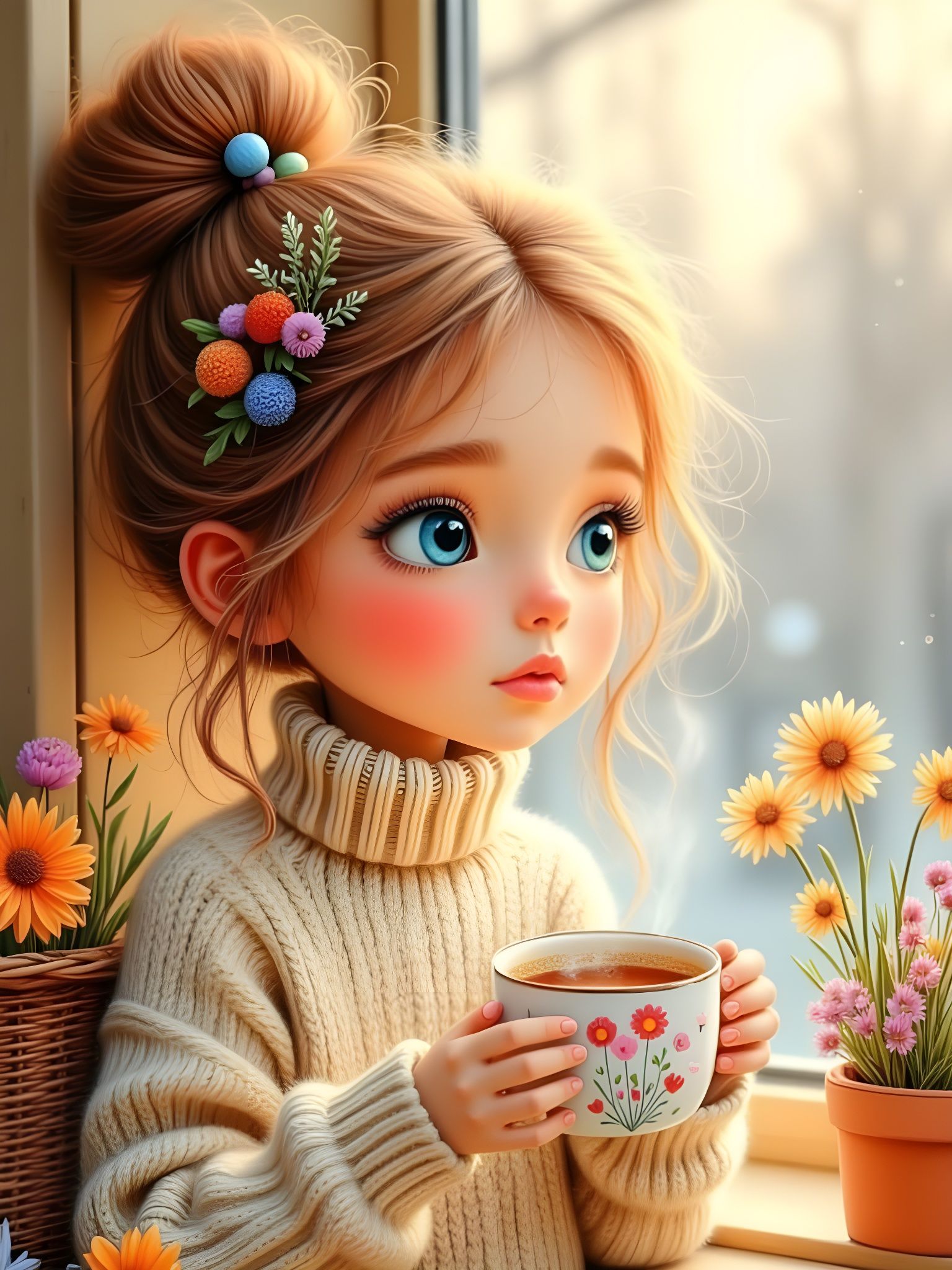 Cozy 3D Girl With Tea by Foggy Window in Golden Light