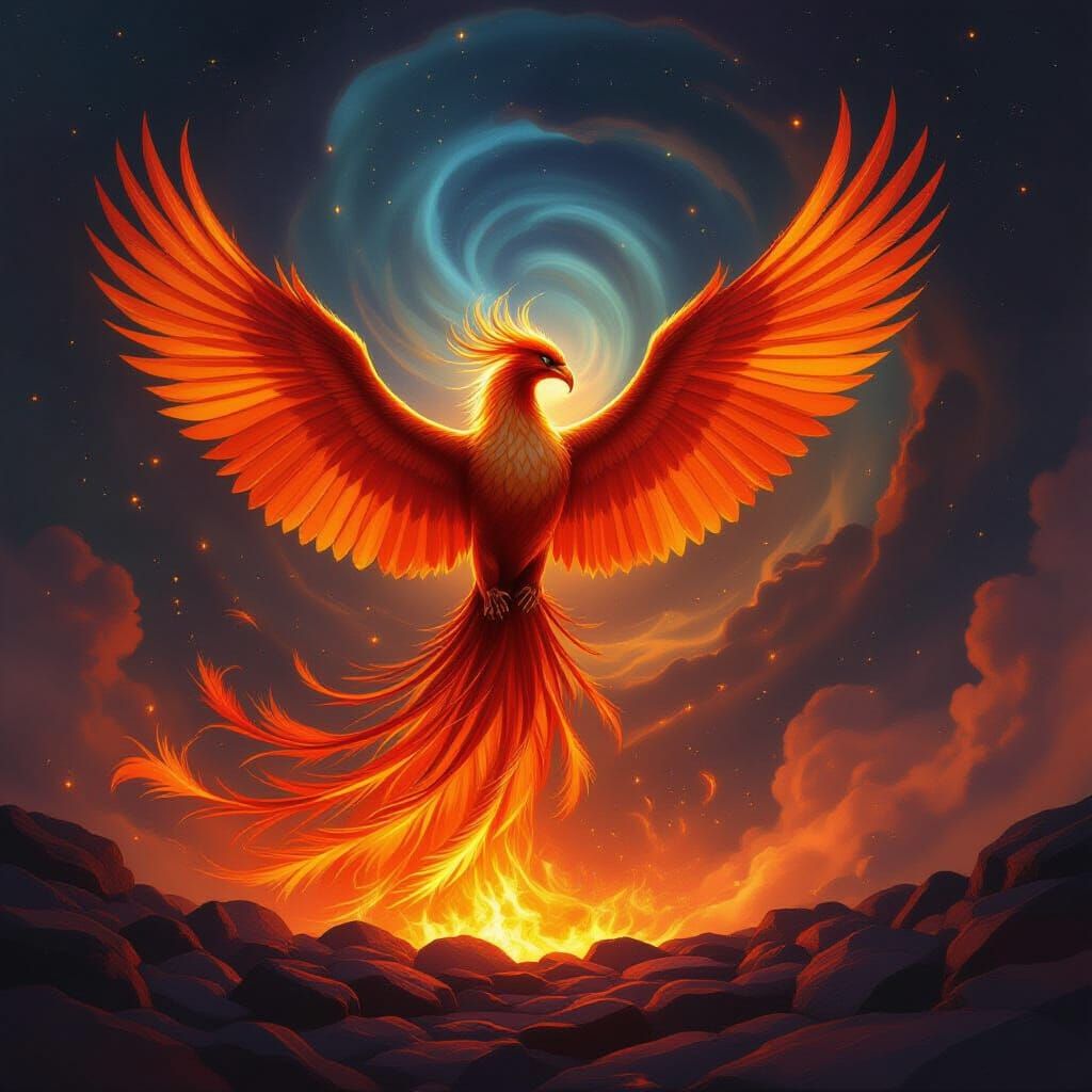 Majestic Phoenix Rises from Embers in Cosmic Fantasy Art Sty...