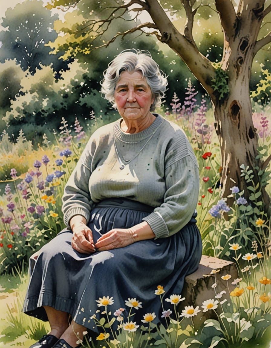 Elderly Woman Relaxing in Wildflower Garden