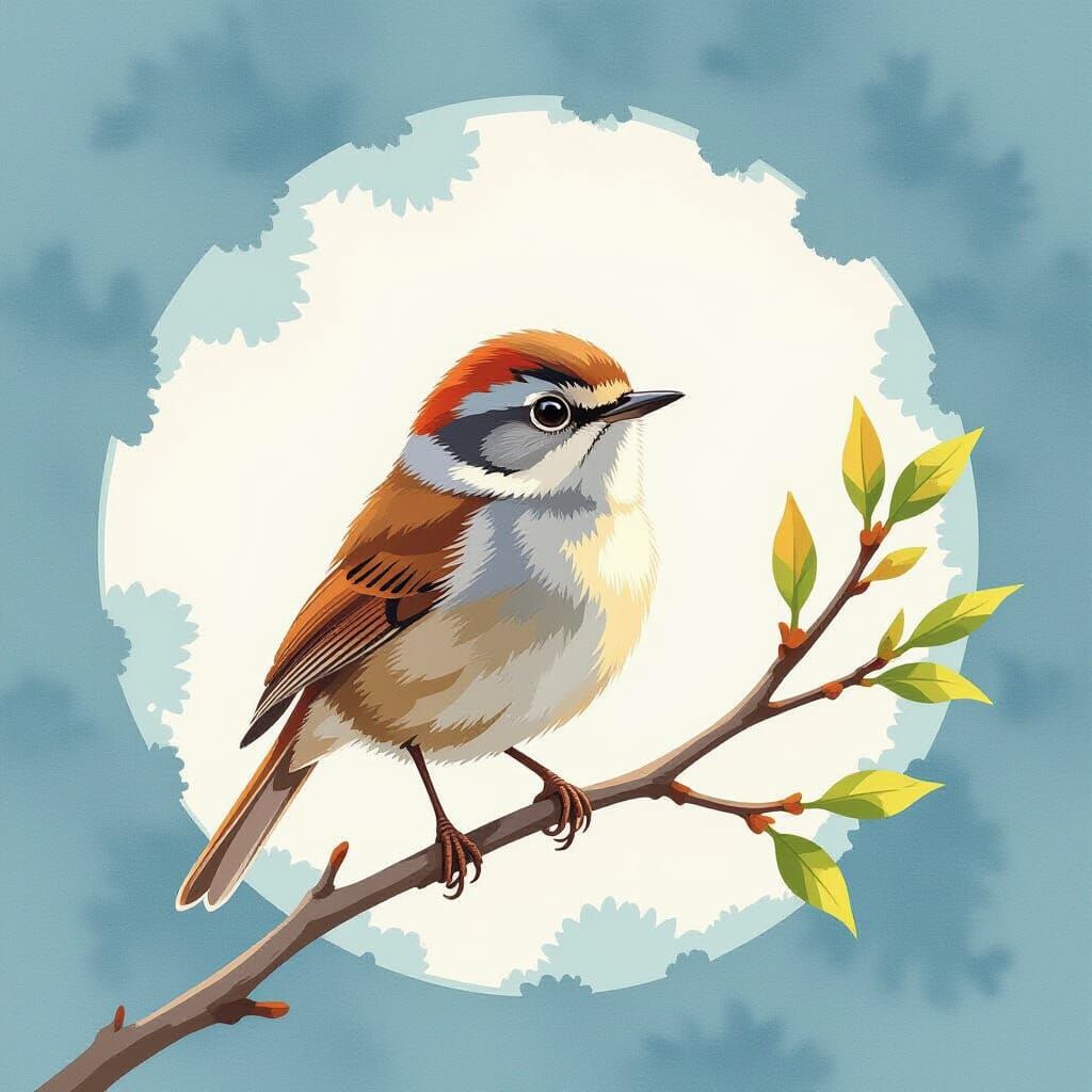 Wren on Branch in Watercolor Style