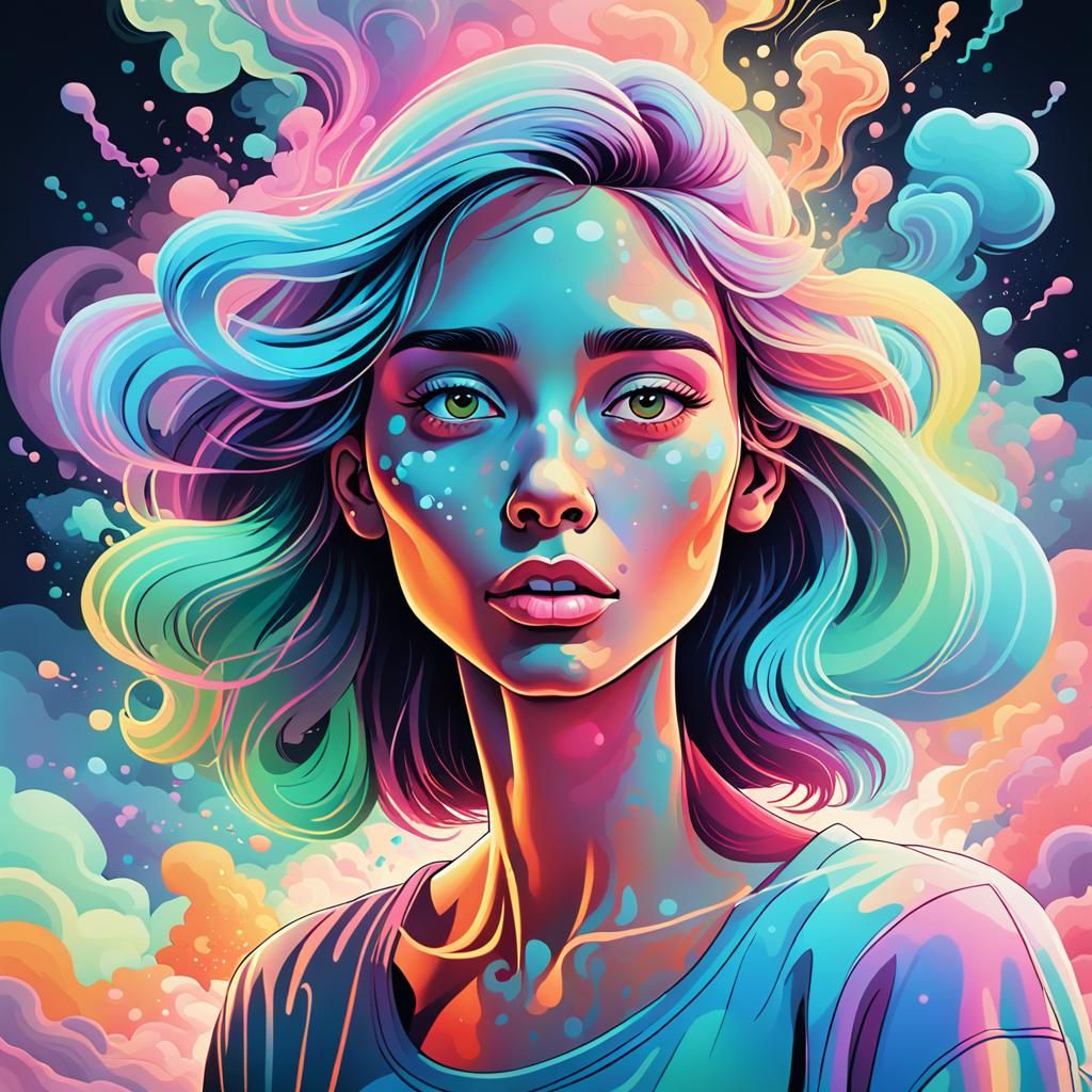 Hallucinating Woman in Cartoon Style with Pastel Colors