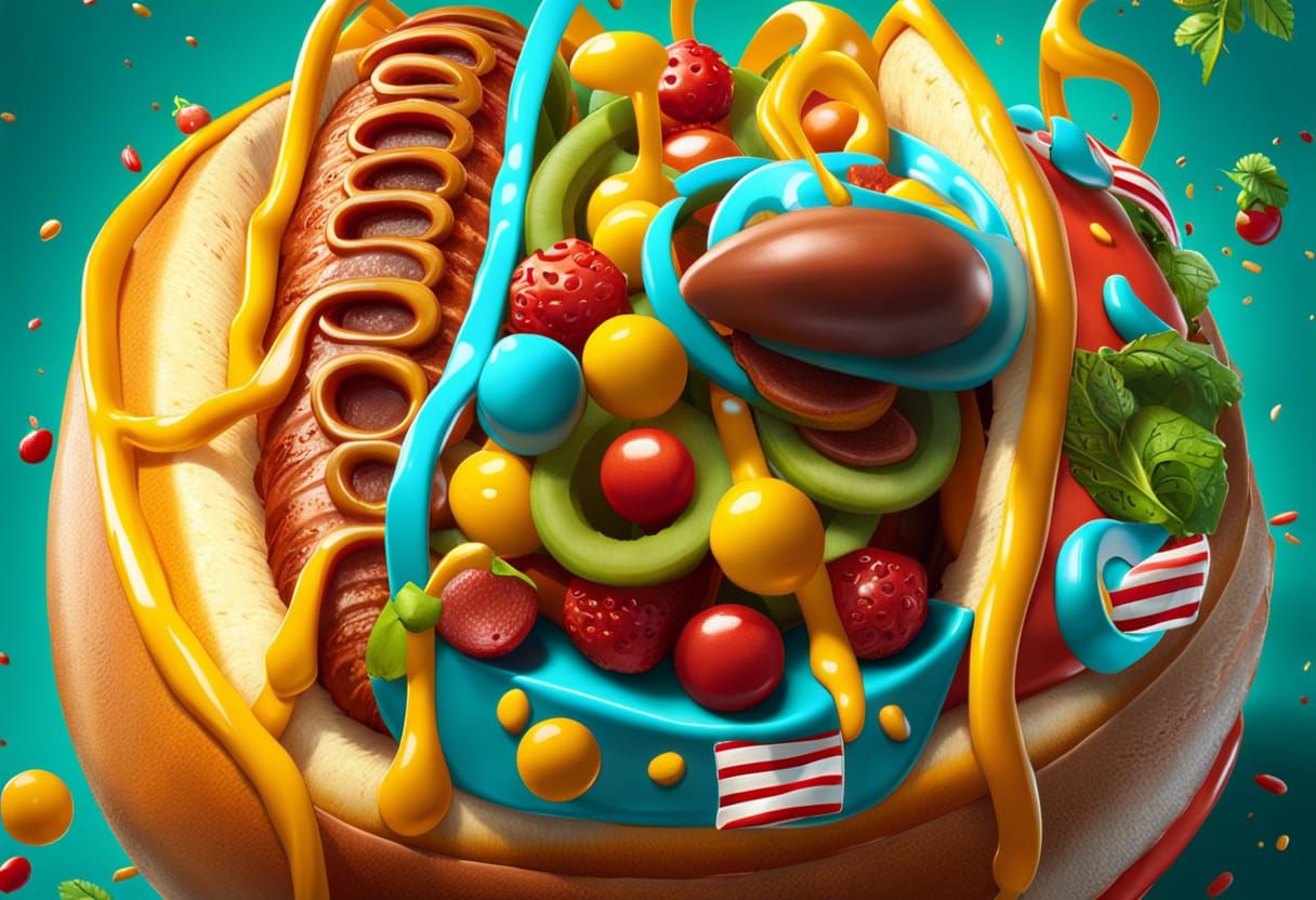 Detailed Hot Dog Illustration in Maximalist Style