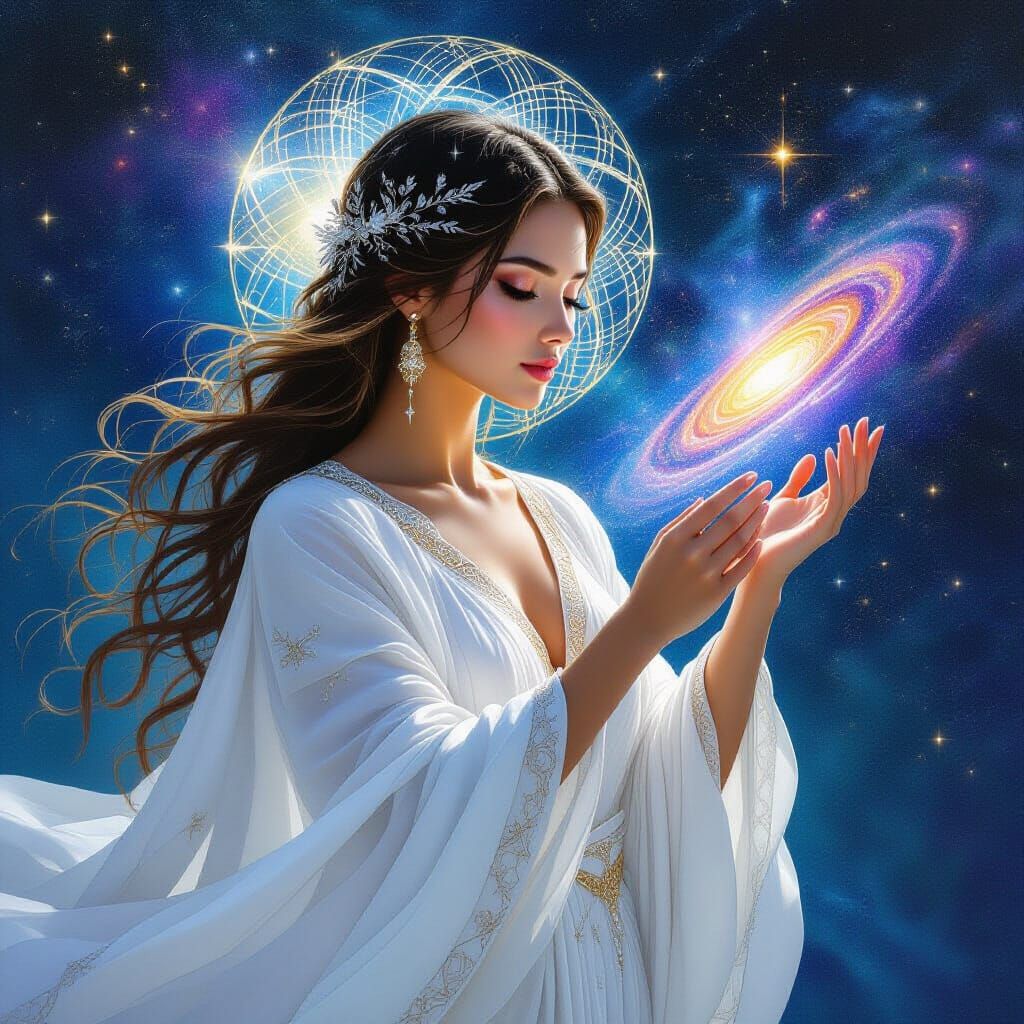 Ethereal Goddess Painting Galaxies in Fractal Art Style