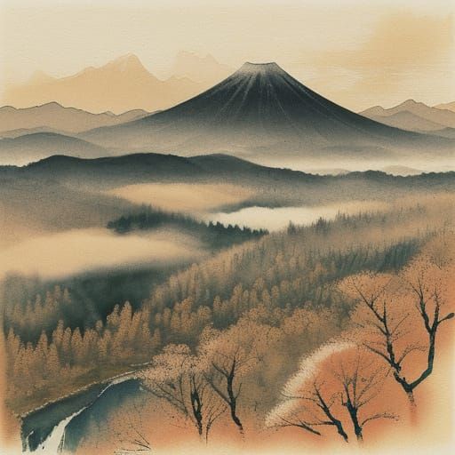 Sumi-e Cityscape with Misty Mountains