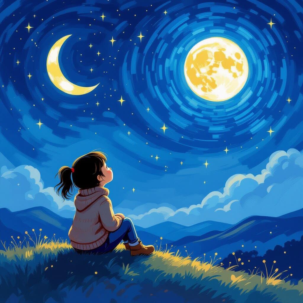 Child Gazing at Moon and Star: Impressionist Anime Style