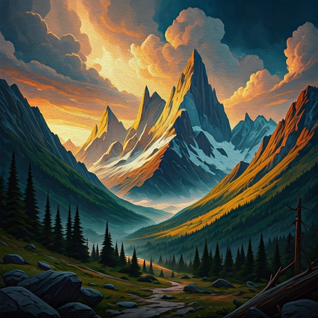 Dramatic Sunset Mountain Range in a Vibrant, Impasto Style