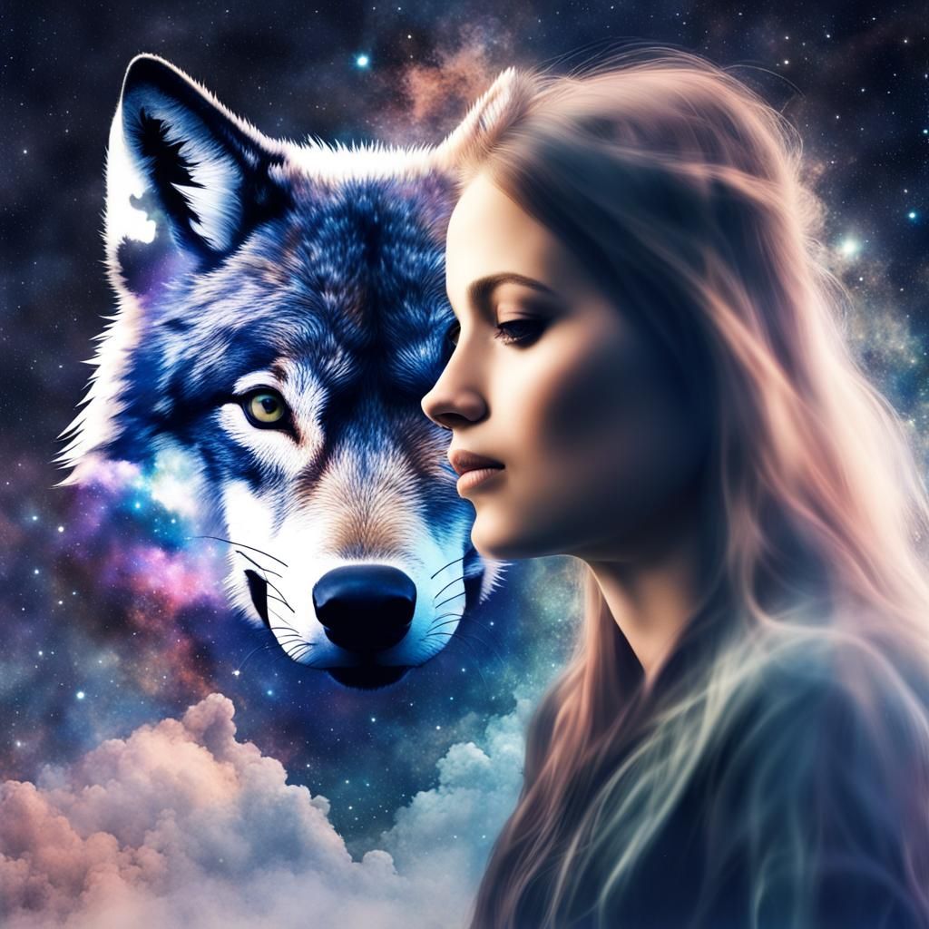 Memetic profile picture, wolf and girl double exposure, galaxy sky background, ",