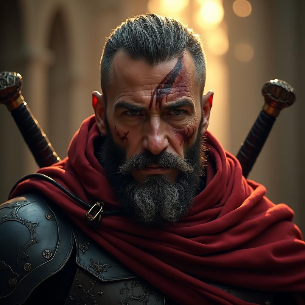 Mercenary with Scar and Swords in Digital Art Style