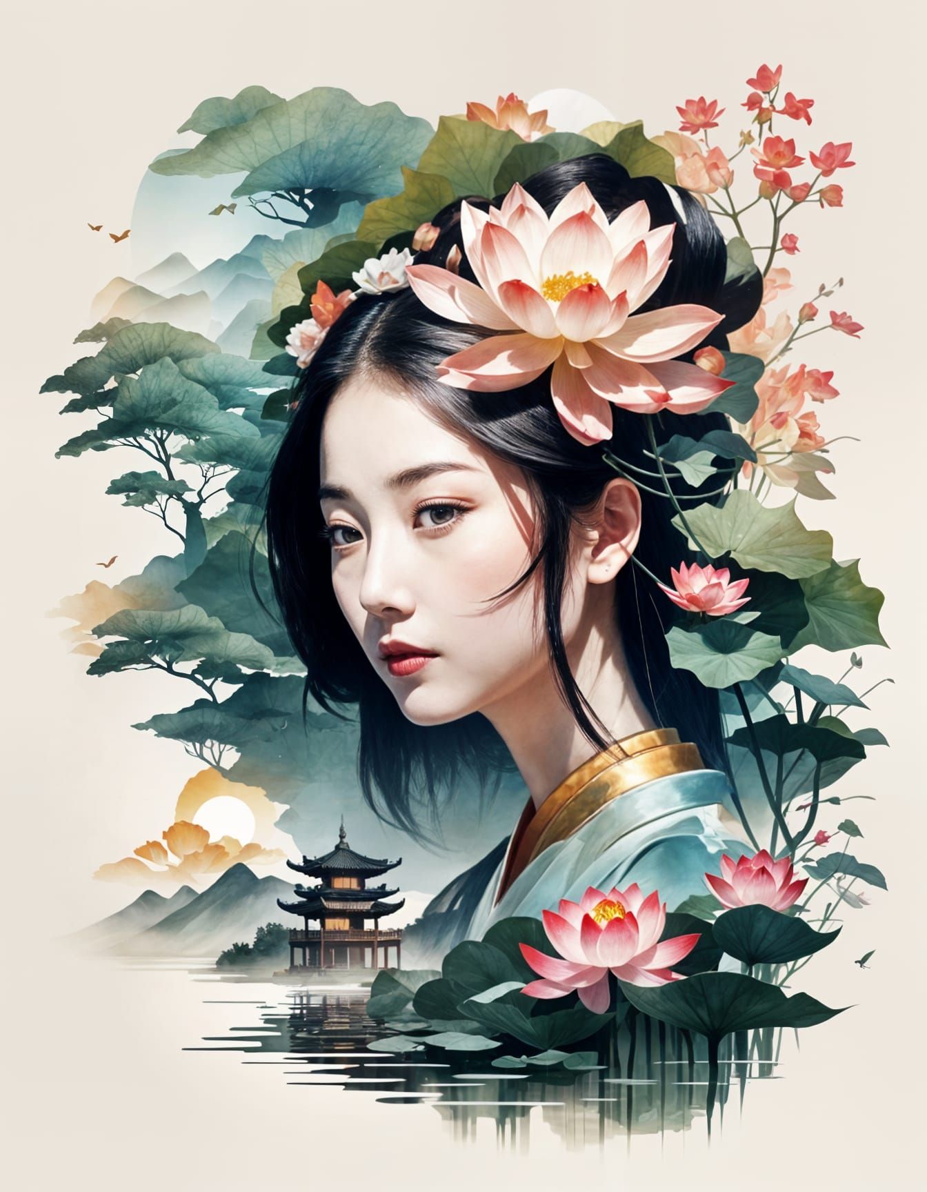 Woman with Flower: Digital Art Inspired by Ai Xuan