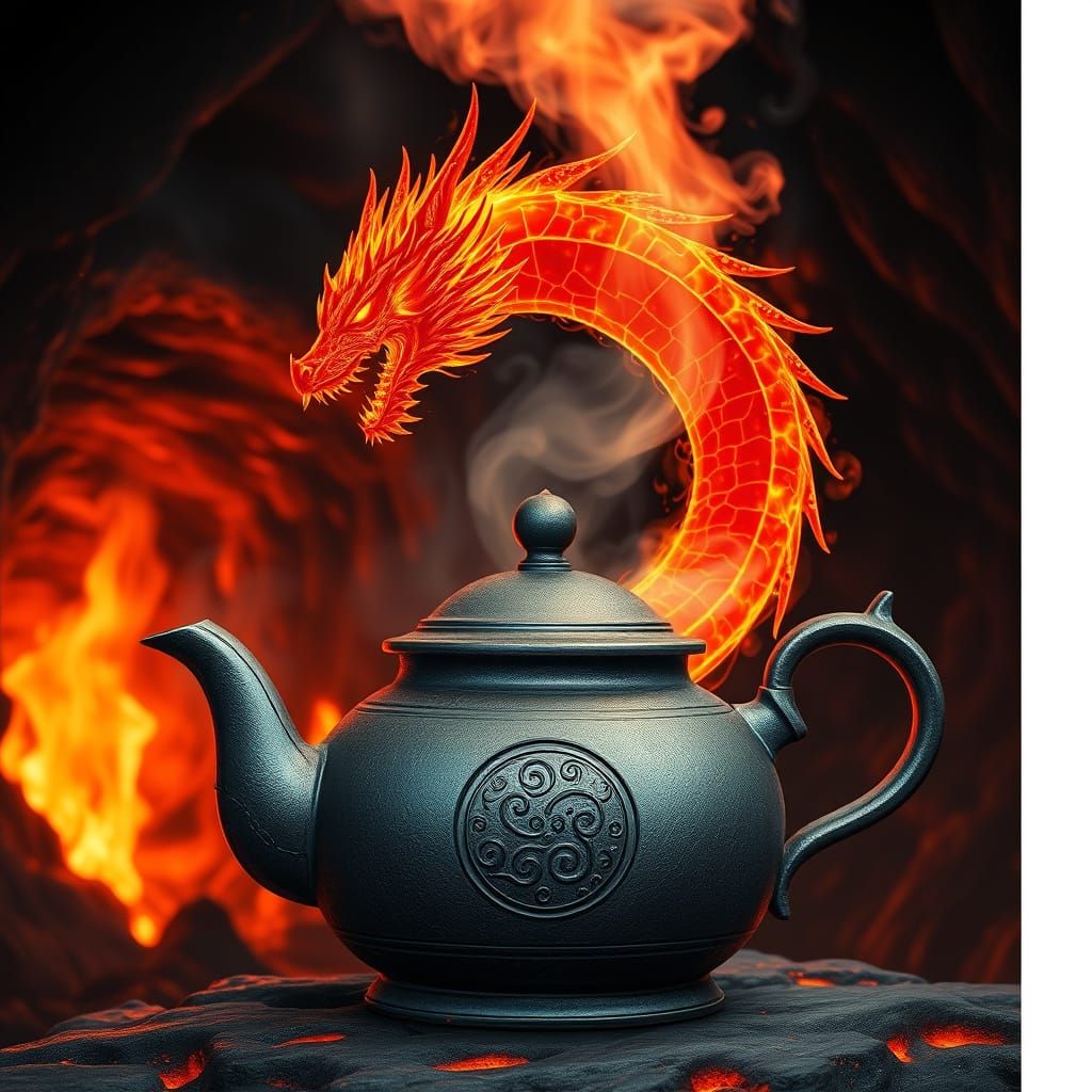Forged Iron Teapot in Lava Cave with Fire Dragon