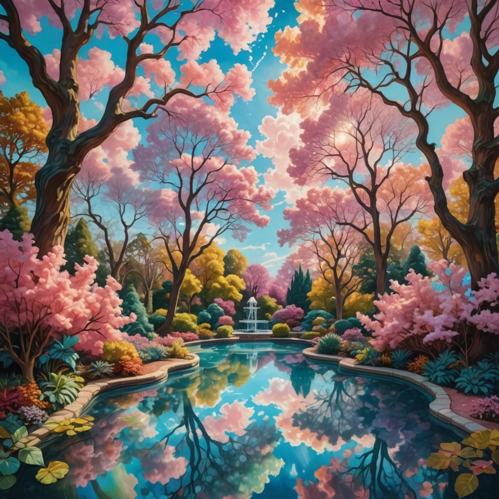 Surreal Garden with Fractal Clouds as Digital Art