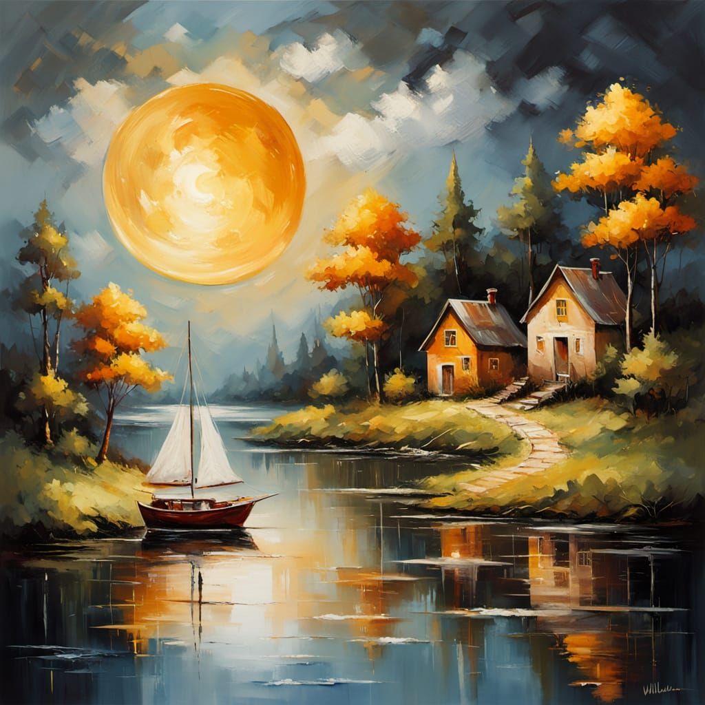 Golden River Landscape in Brushwork Style