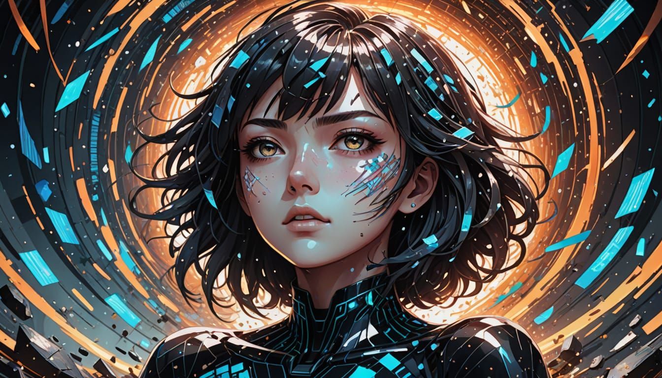 Anime Girl Shattering in Corrupted Digital Vortex