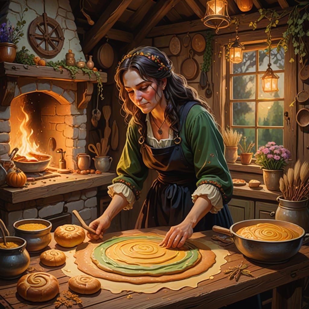 Whimsical Cottage Witch Bakes in Golden Light