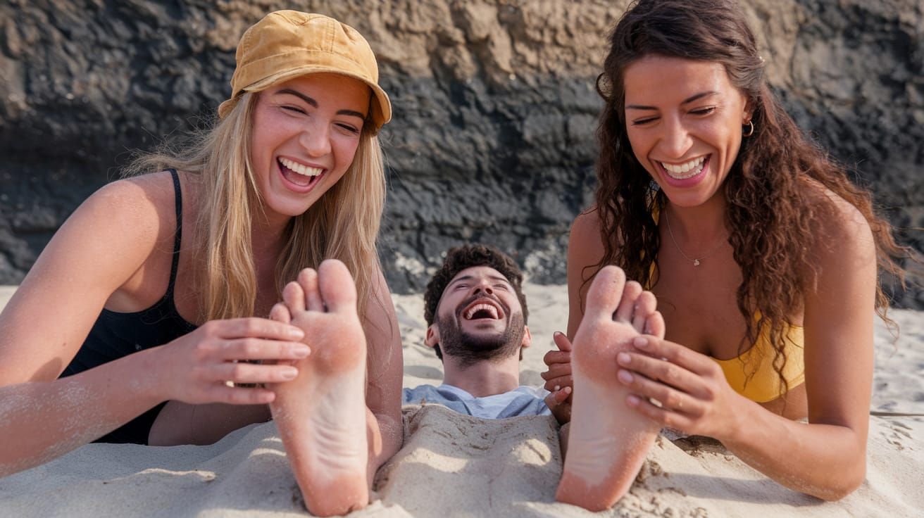 Sun-Kissed Beach Scene with Mirthful Friends