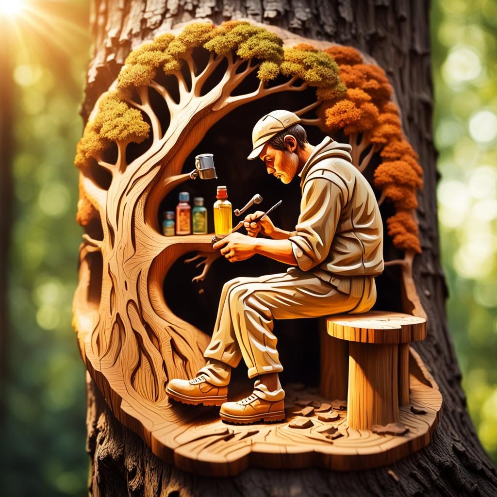 Woodcarving of Tinker in Forest with Graffiti Art