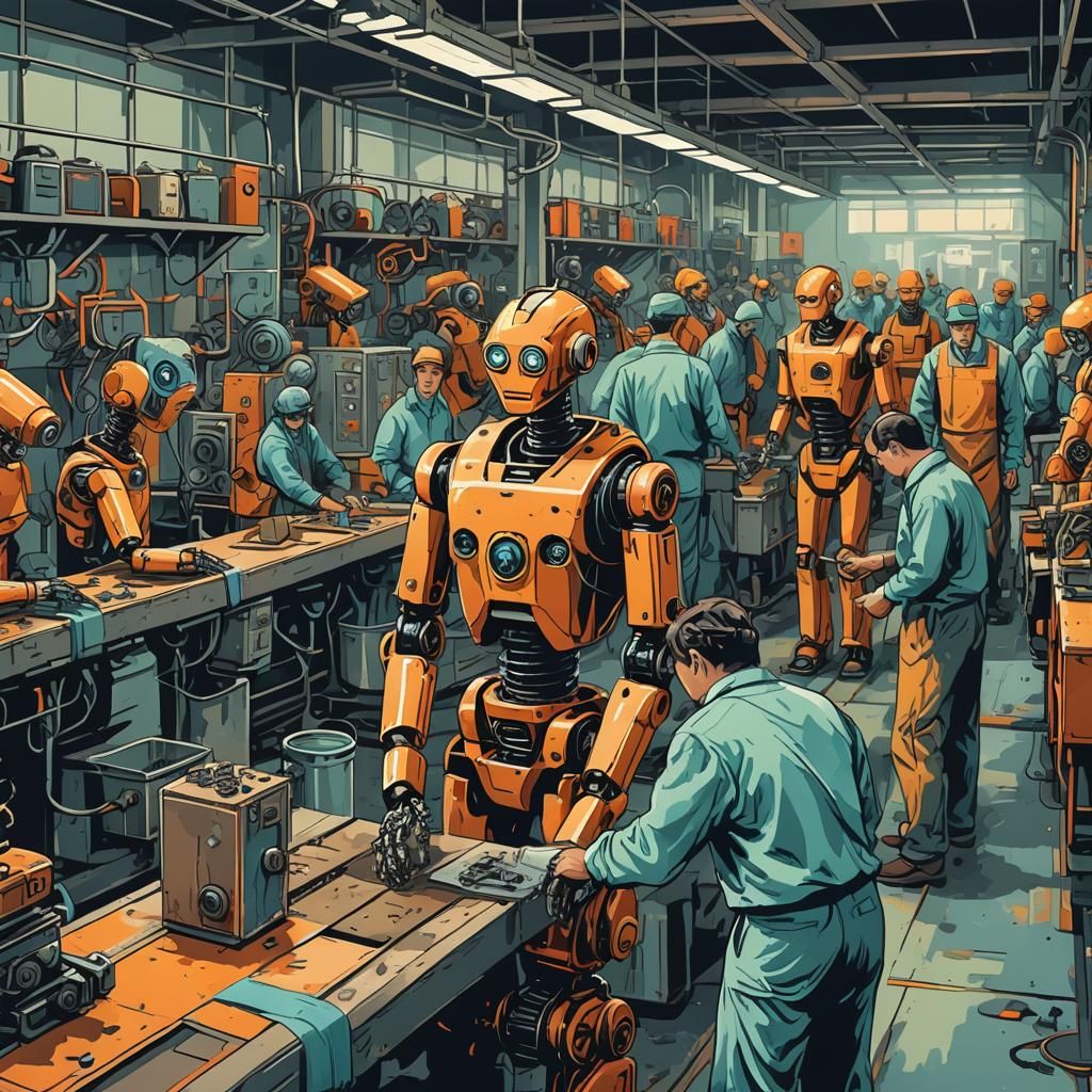 Abstract Robot Oversees Workers in Factory