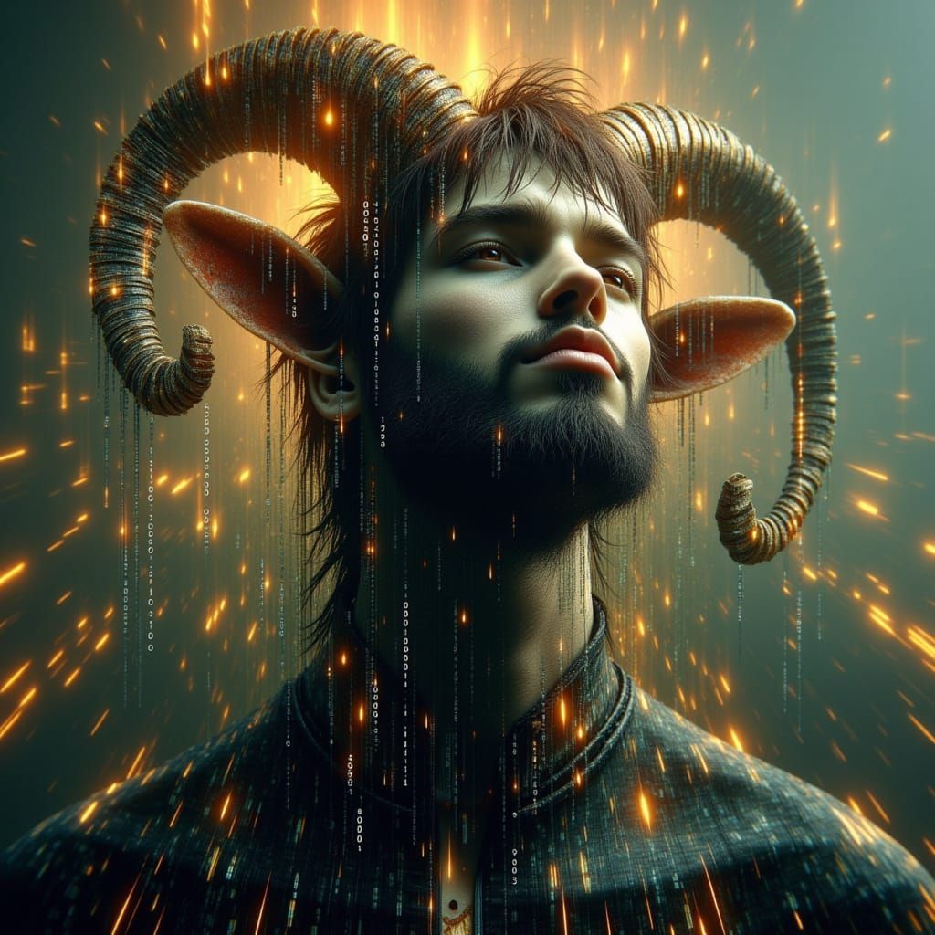 Goatman Warrior in Binary Code Visions Style