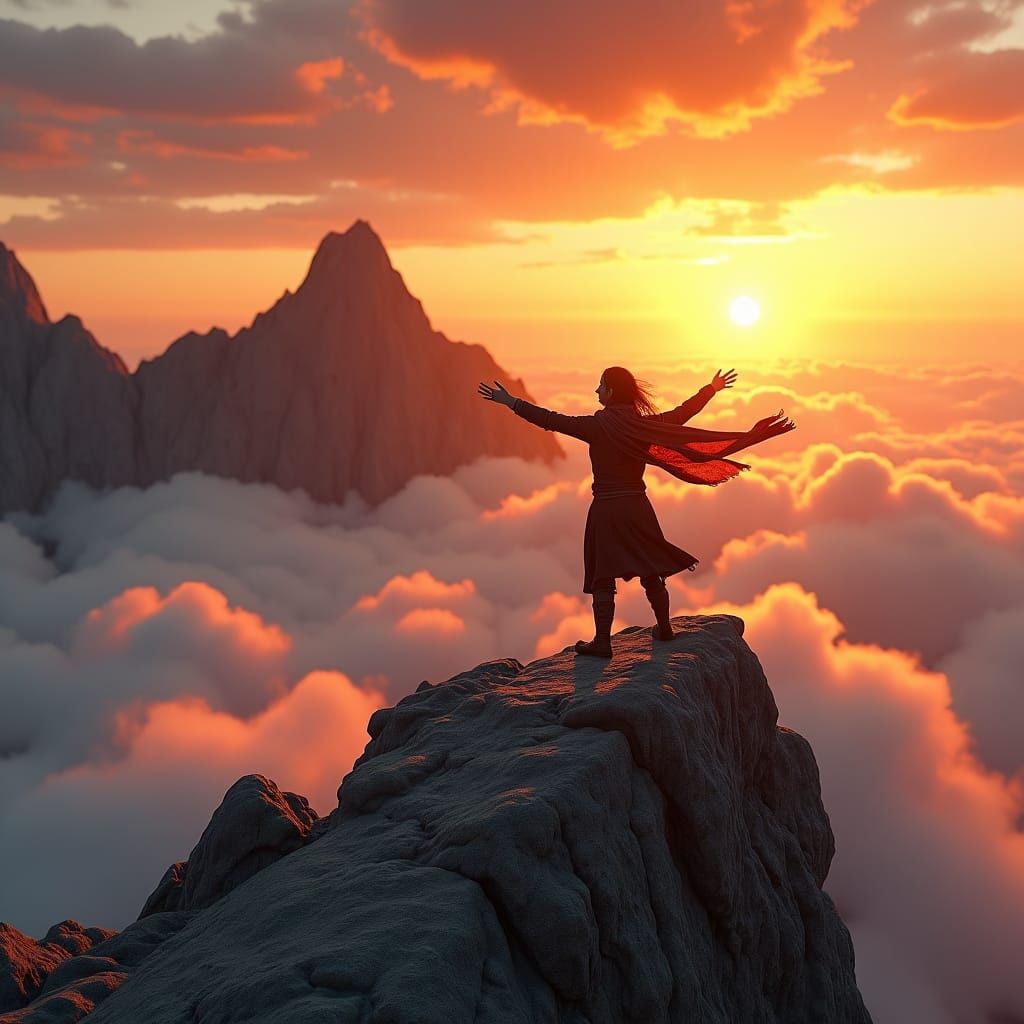 Majestic Mountain Sunset Figure in Digital Art Style