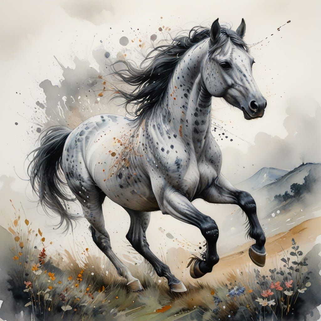 Appaloosa Stallion Galloping, Watercolor and Line Art
