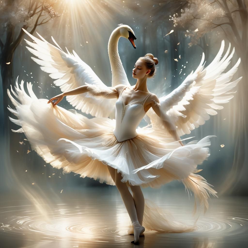 Swan Ballerina Transformation in Ethereal Watercolor Style