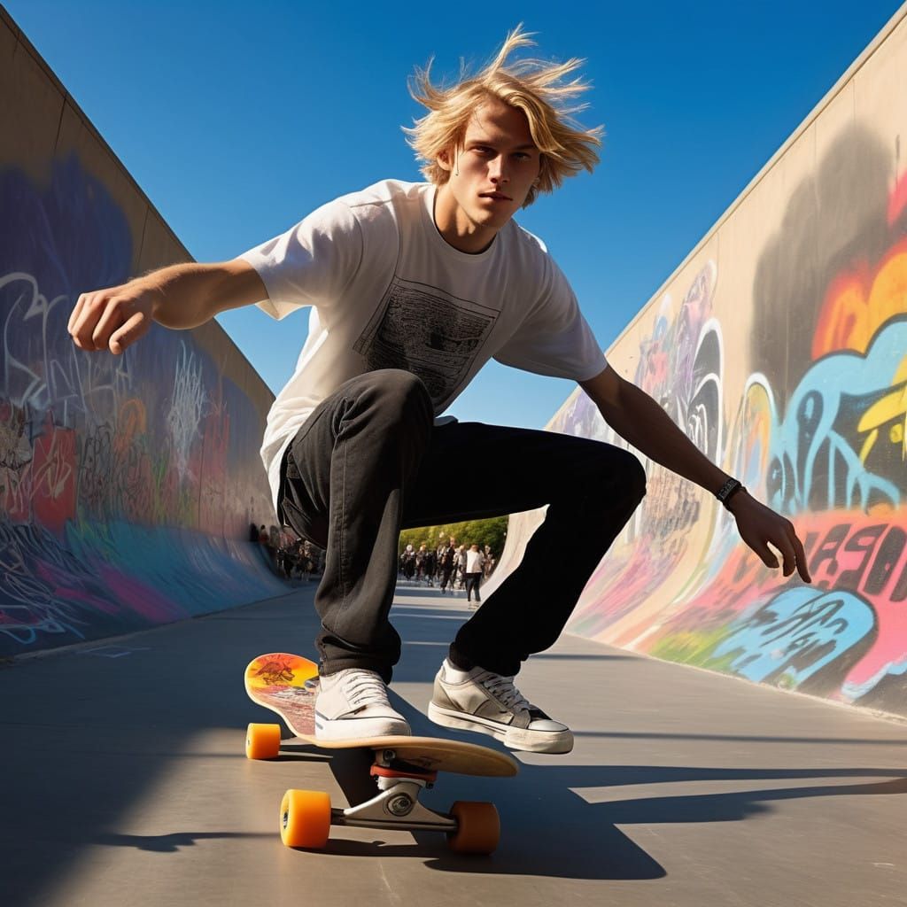 Hyperrealistic Skateboarder in Mid-Air, City Skate Park at S...