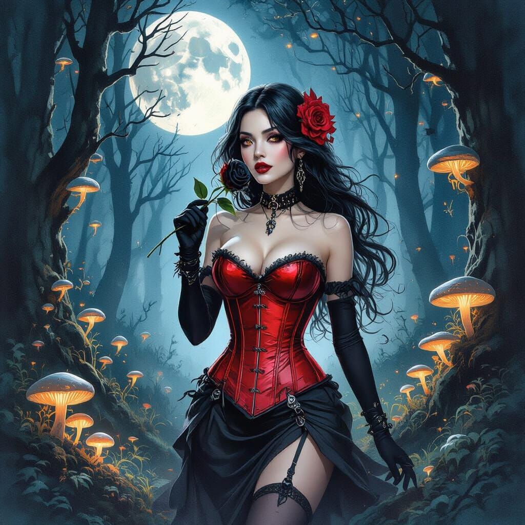 Gothic Beauty with Rose in Moonlit Forest