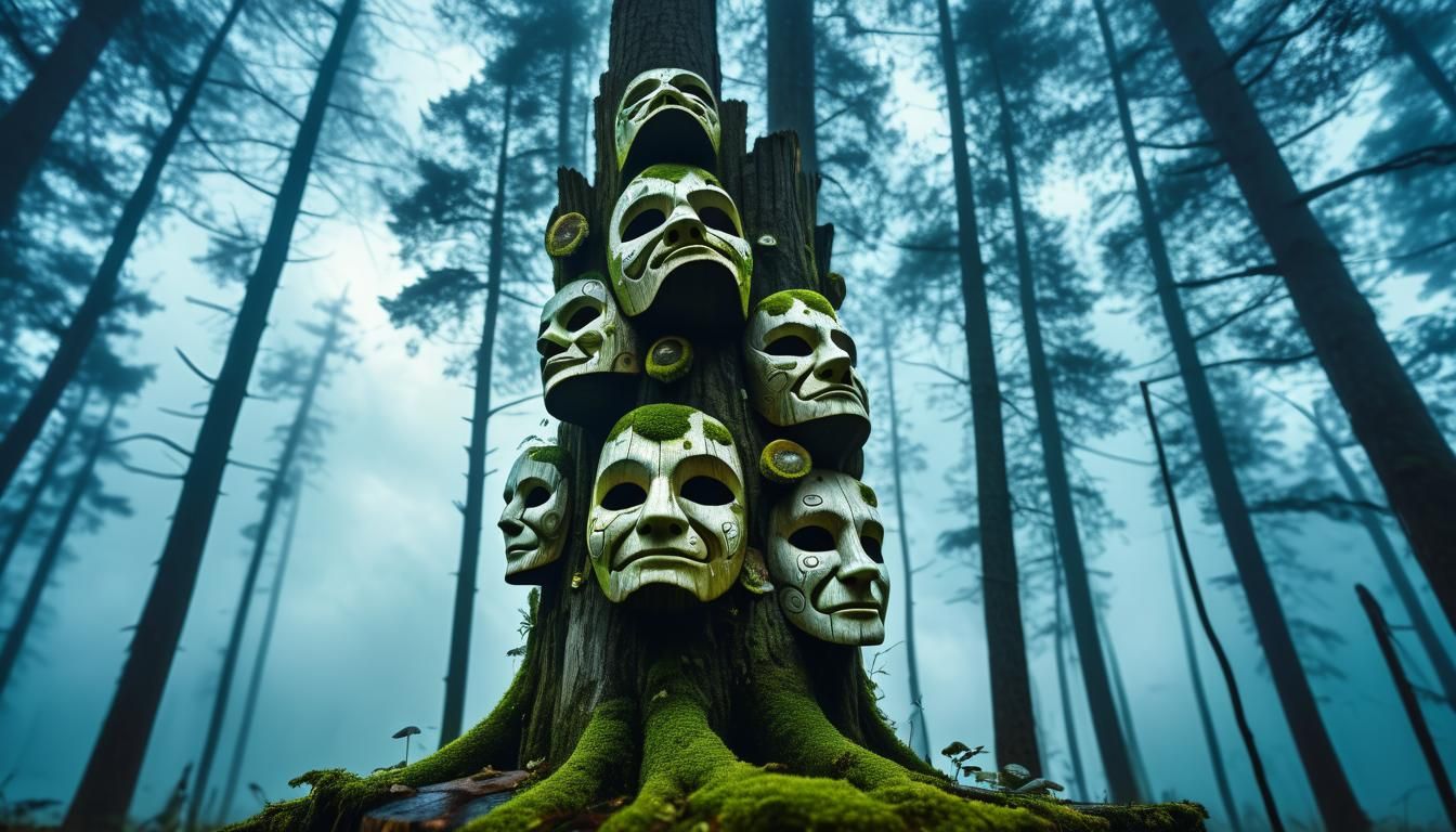 Surreal Wooden Masks Towering into the Sky