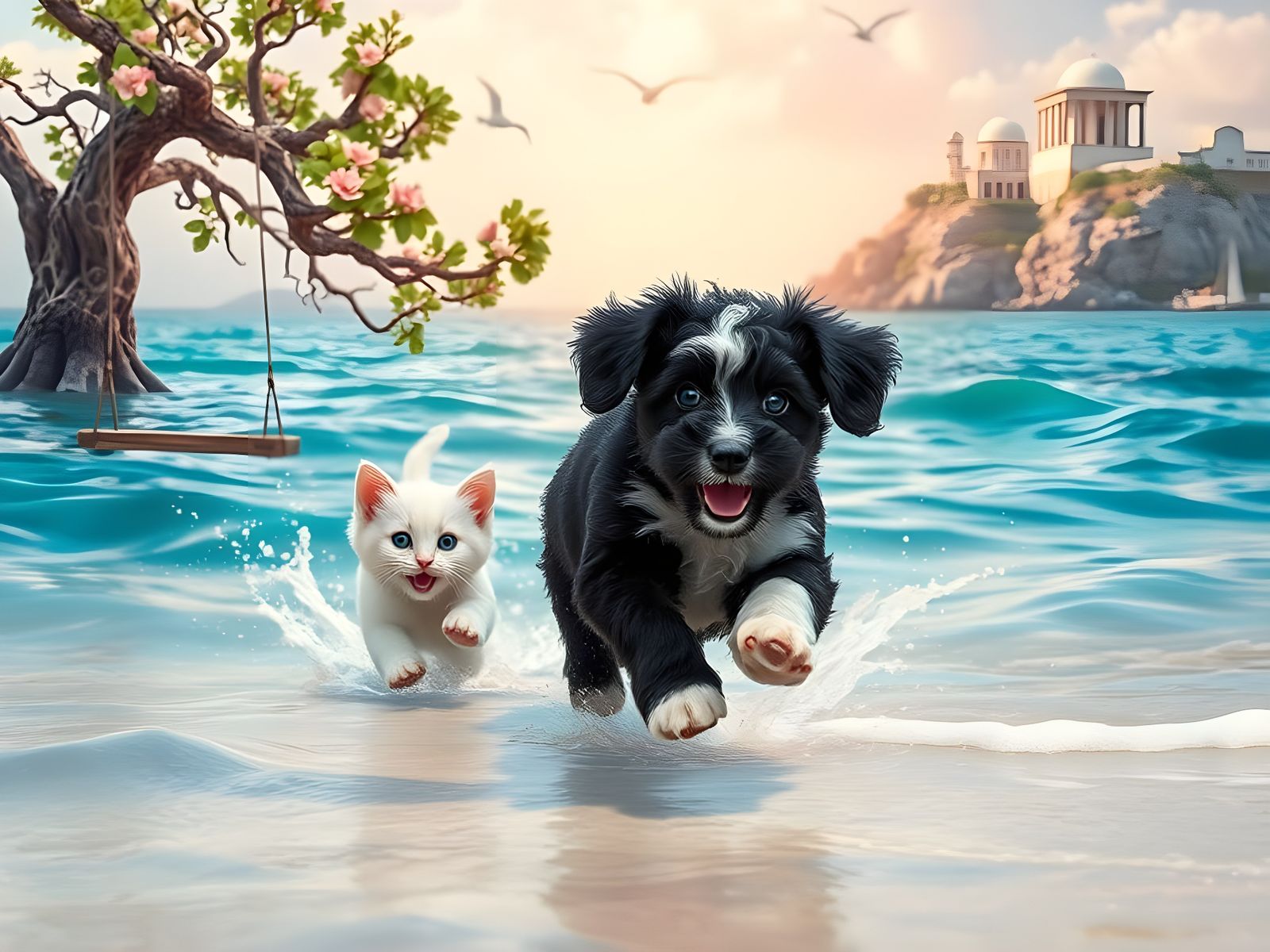 Joyful Poodle Puppy Plays with Furry Friends in Vibrant Ocea...