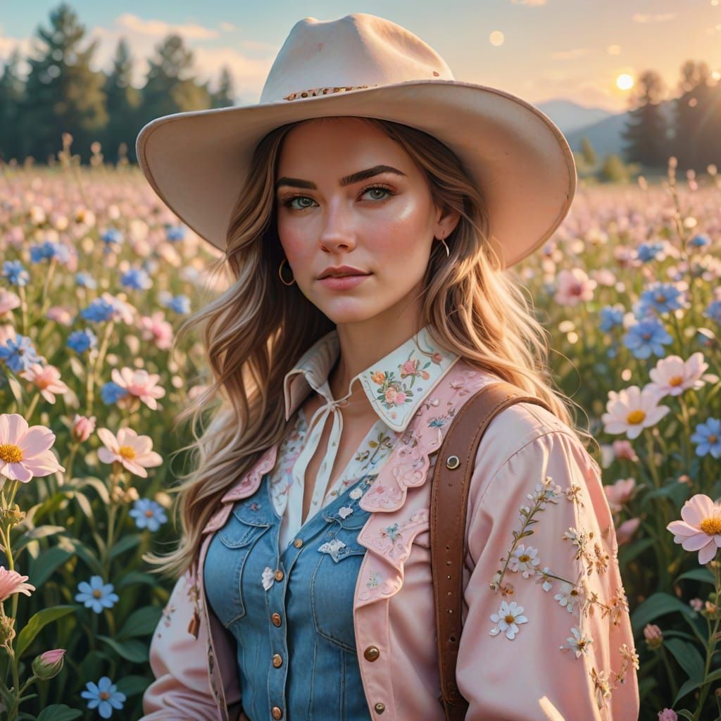 Jenna Davis in Cowgirl Outfit in Pastel Flower Field