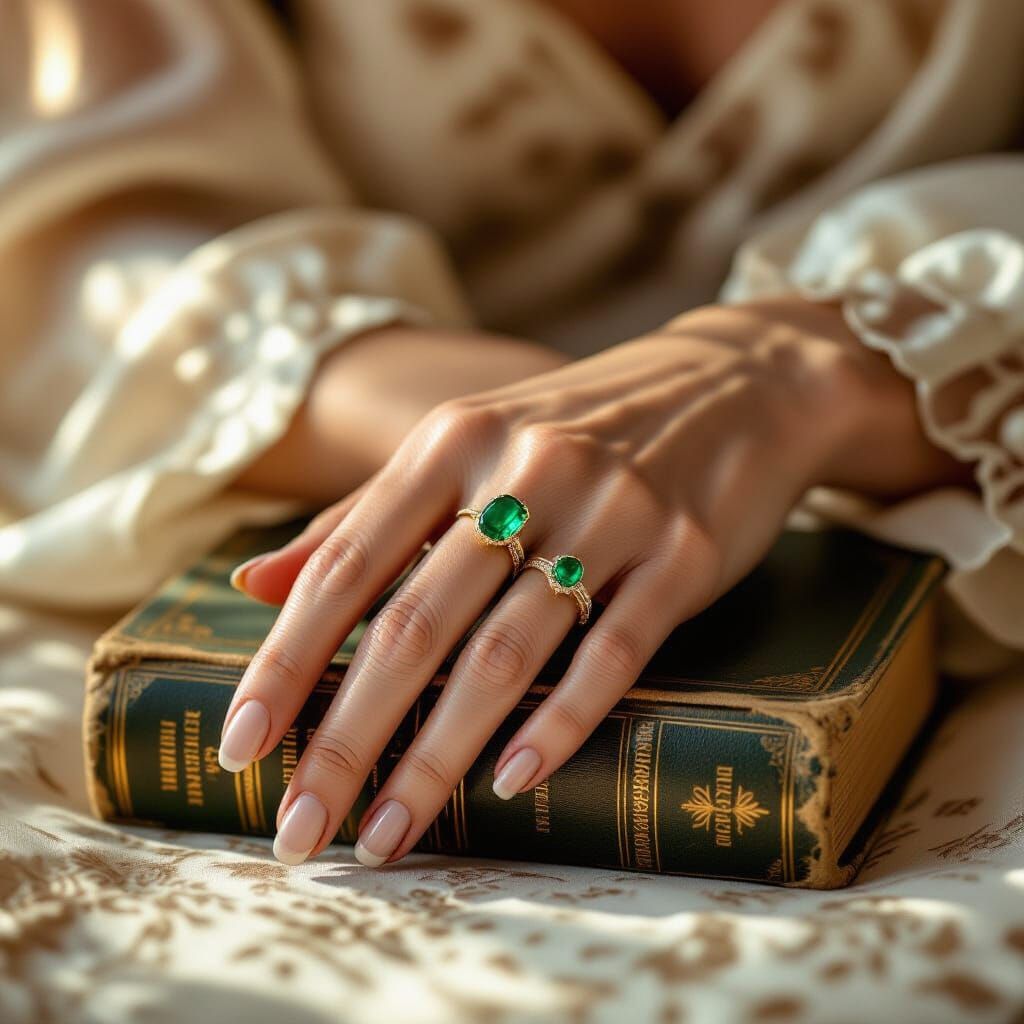 Elegant Hand with Emerald Ring on Vintage Book