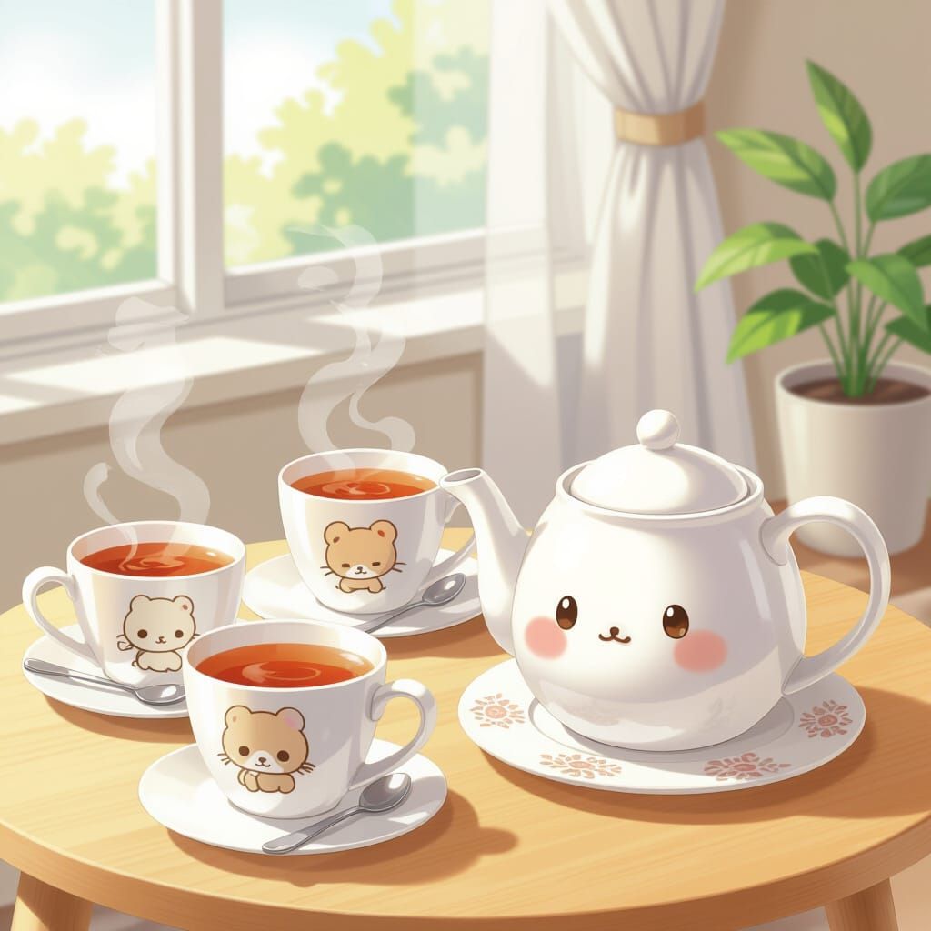 Cute Cinnamoroll Teapot and Cups in Anime Style