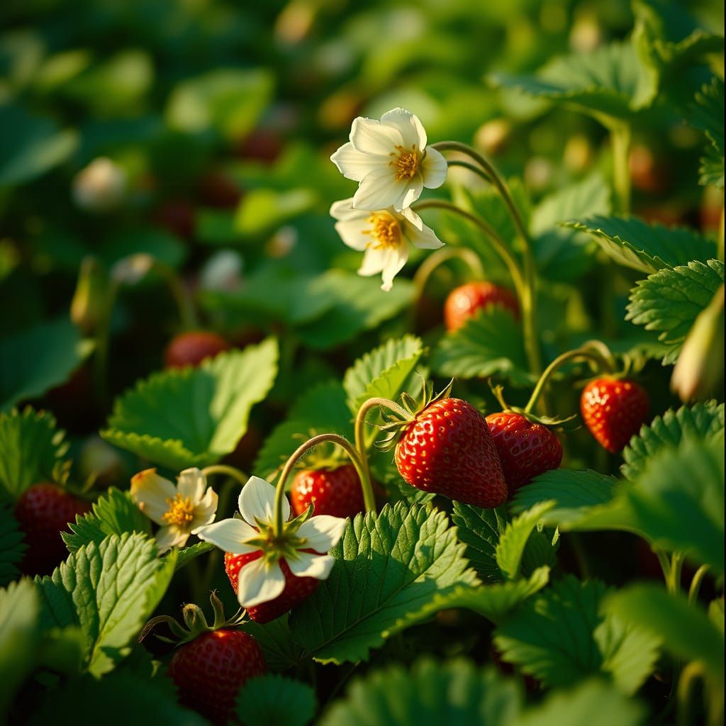 Strawberry Field with Lilies in Cinematic Lighting