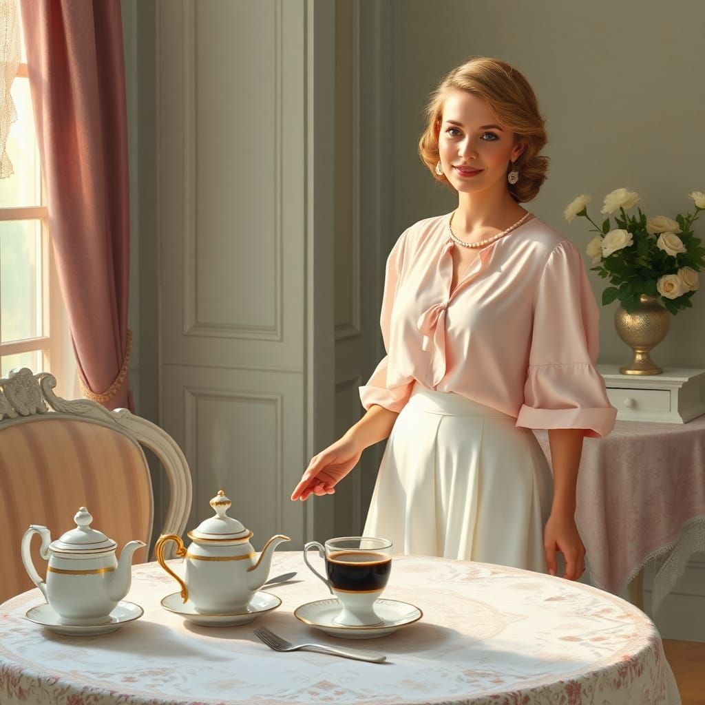 Elegant Woman Invites You to Coffee: Impressionistic Scene
