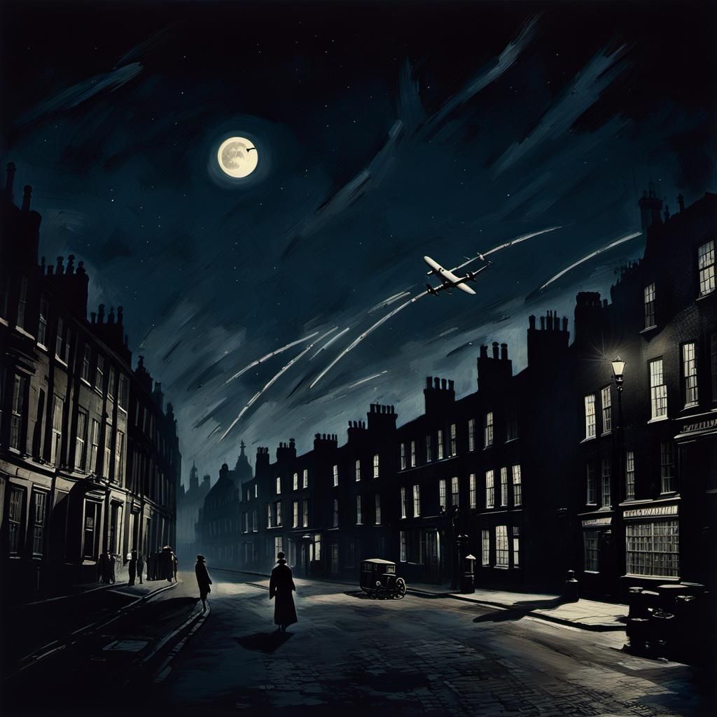 1940s London Street at Night: Aircraft in Silhouette