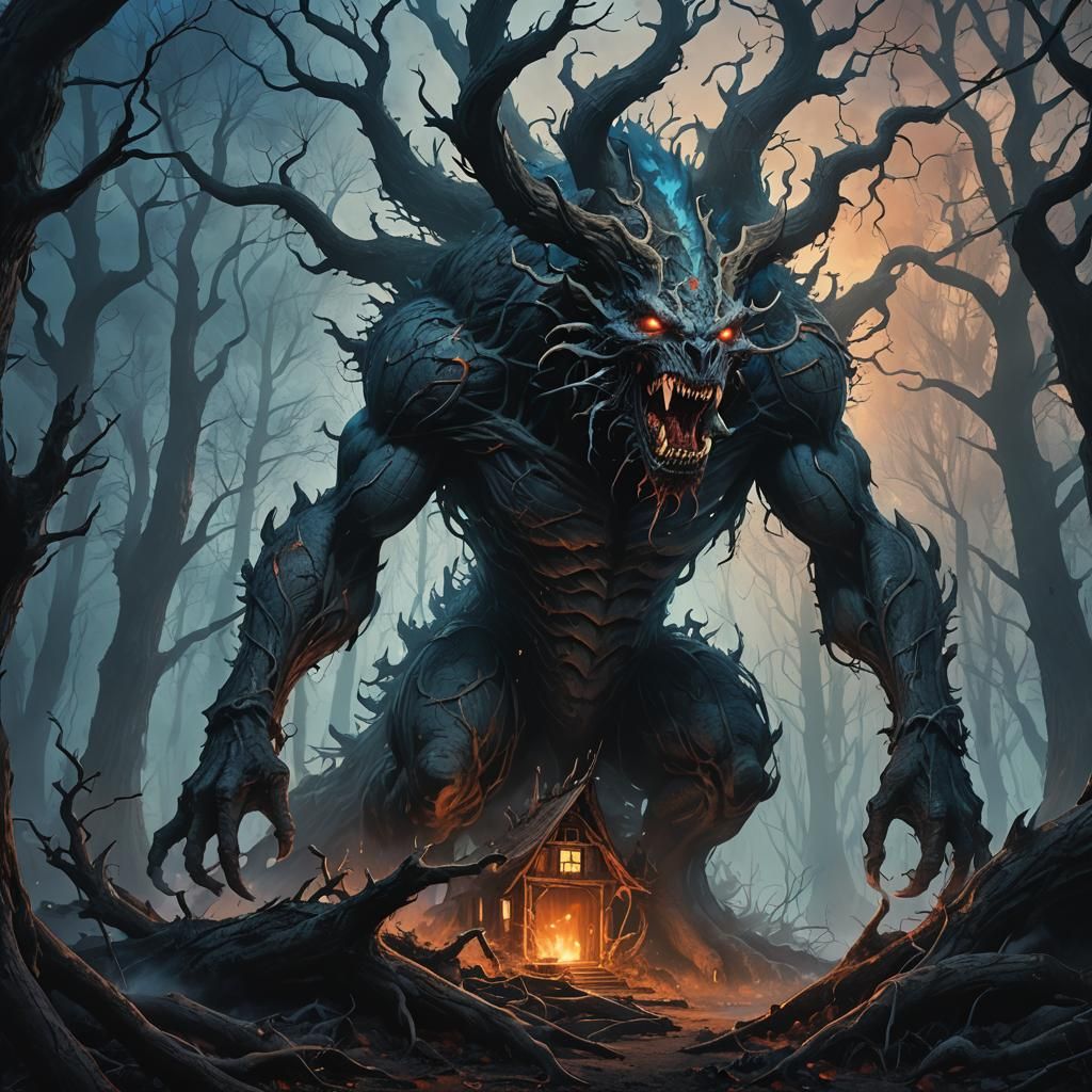 Monster Devouring House in Dead Forest: Dark Fantasy