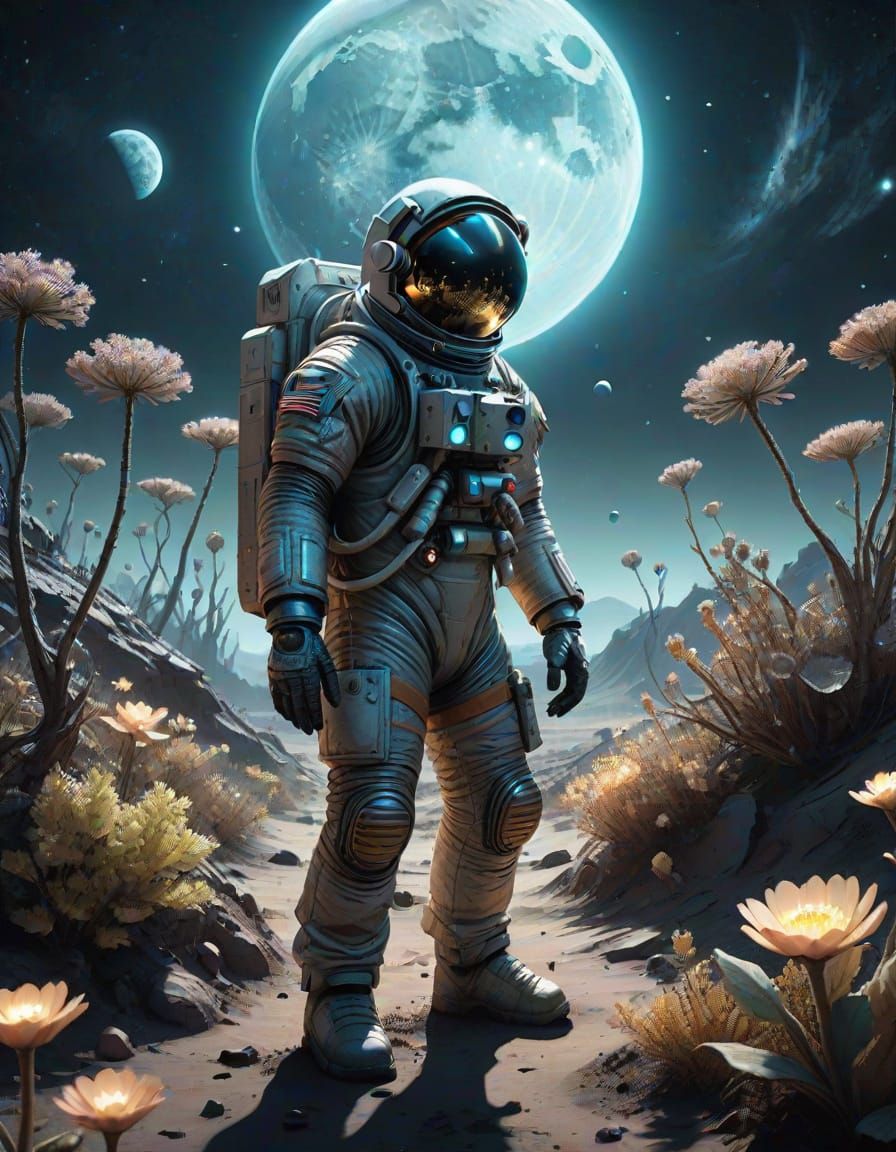 Astronaut Tends Bioluminescent Garden on Moon
