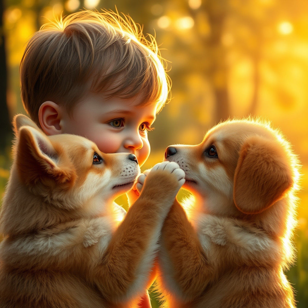 Child and Dog in Golden Light, Art Nouveau Style