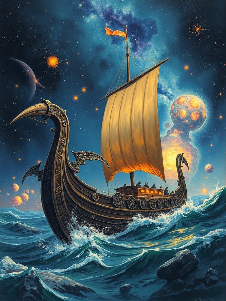 A viking longboat, sailing through outer space ... Pulp fant...