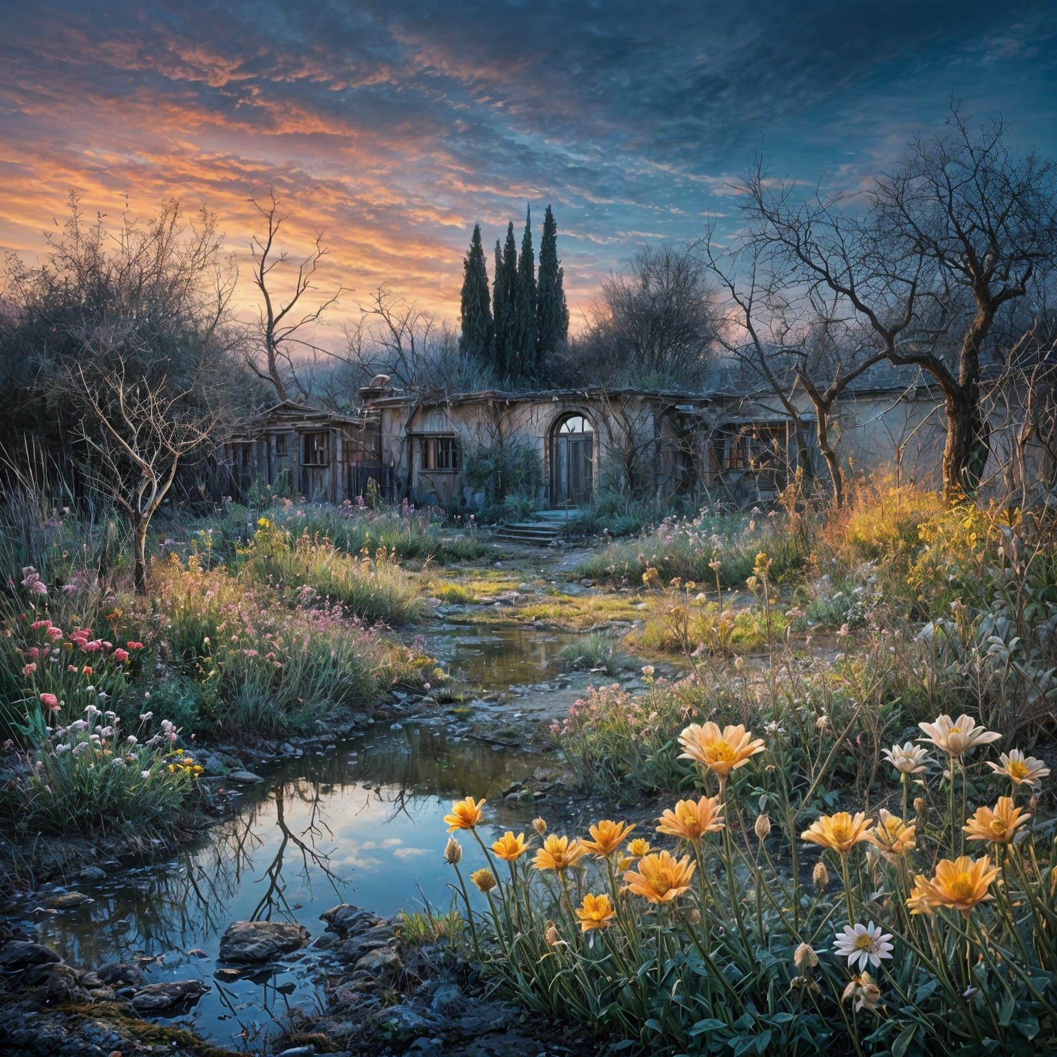 Surreal Pastel Garden at Dusk in Sfumato Style
