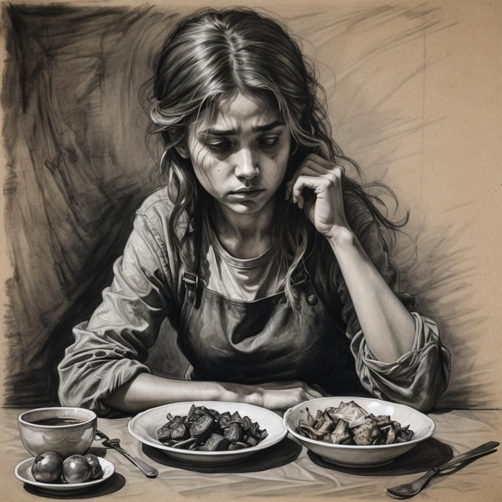 Haunting Charcoal Drawing: Girl and Uneaten Food