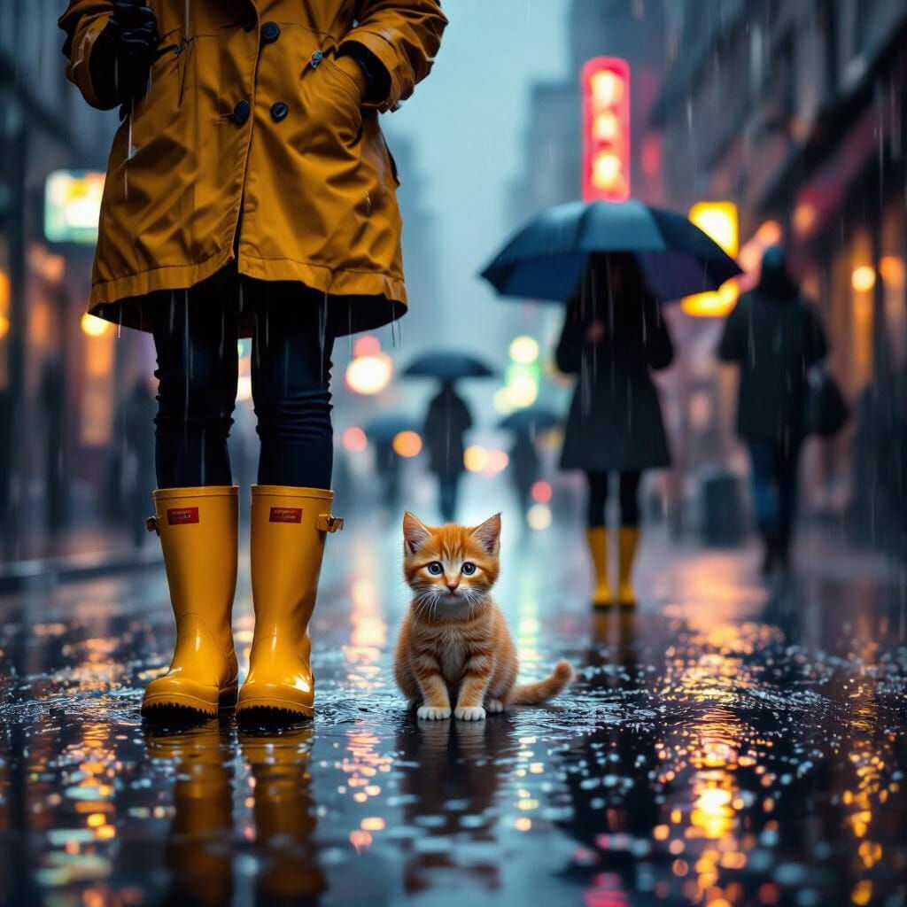 Kitten Seeks Shelter in Rainy Cityscape