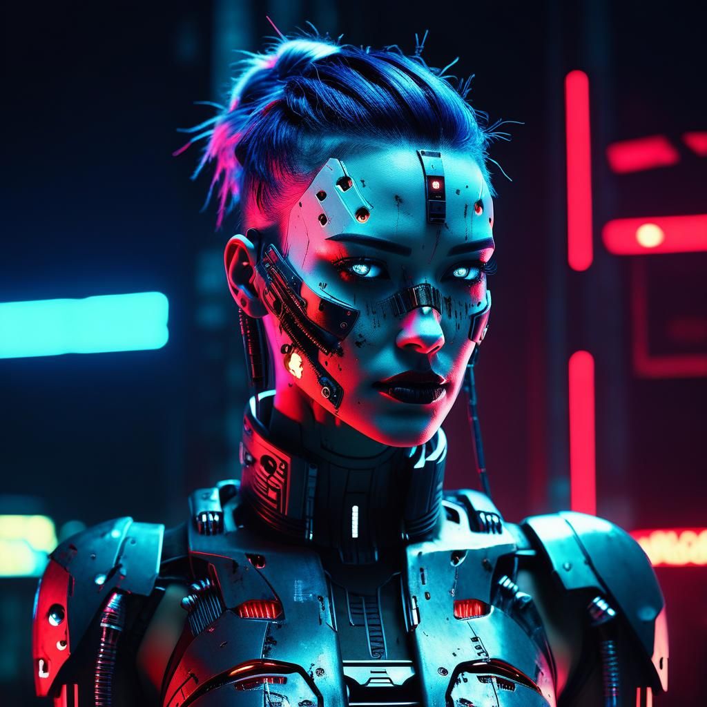 Broken Cyborg Girl in Hyperpunk Film Still