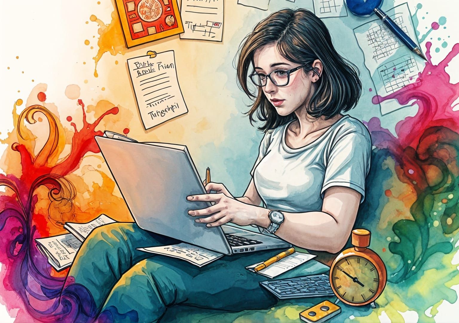 Woman Reading and Taking Notes Amidst Ink Splatters