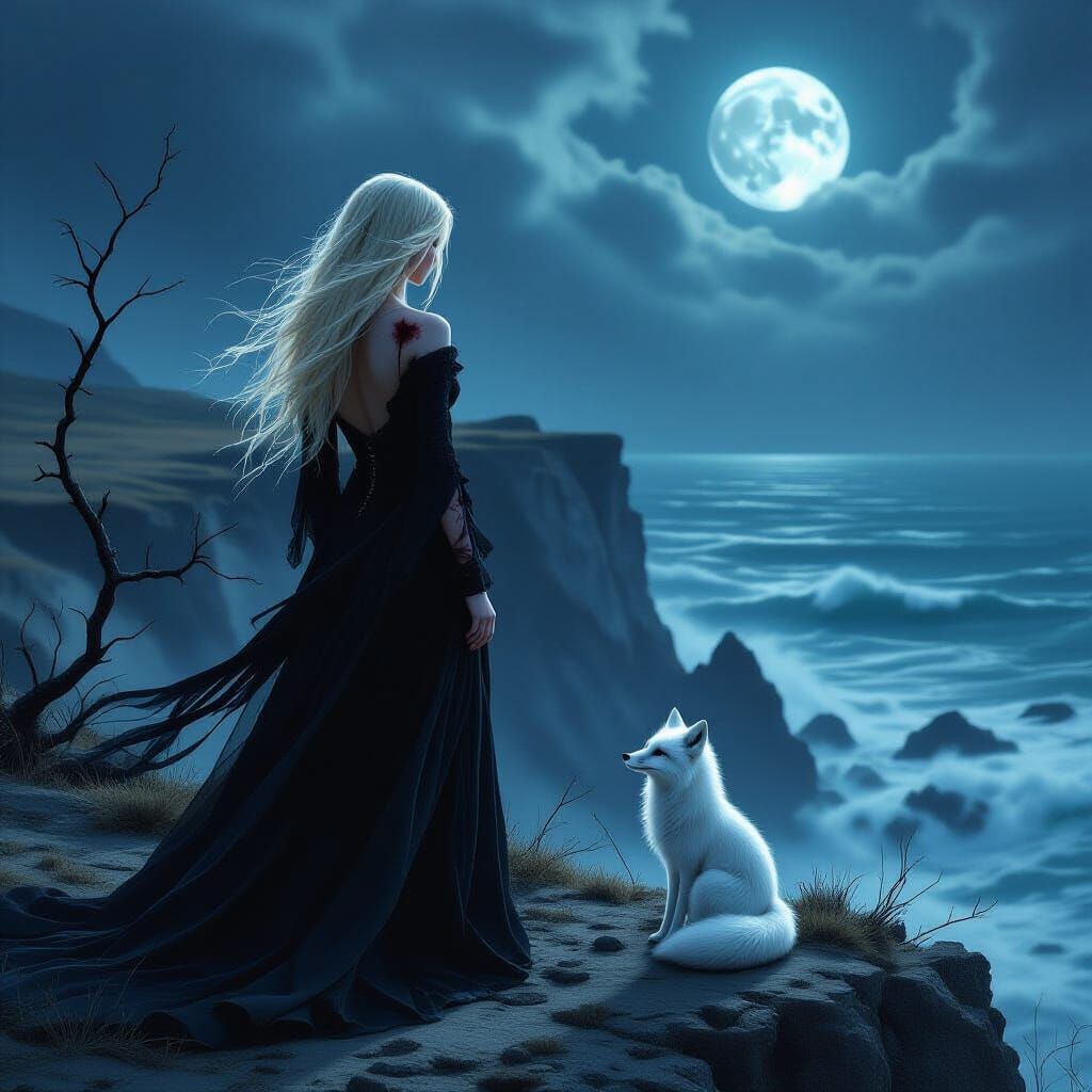 Ethereal Blonde on Windswept Cliff Overlooking Moonlit Sea