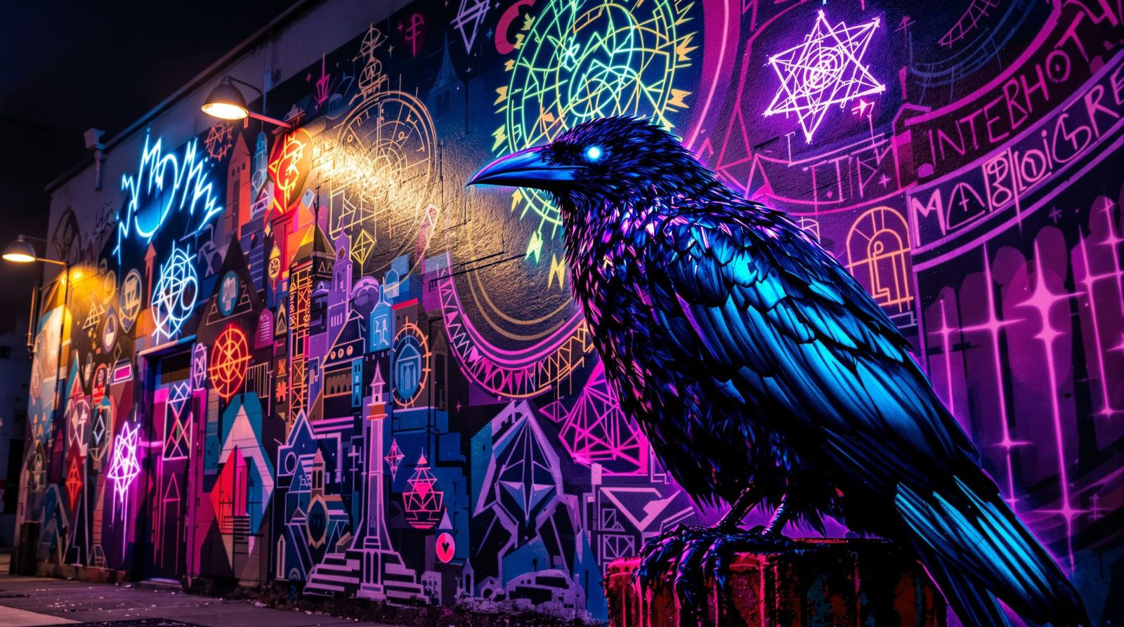 Raven on Neon City Mural At Night