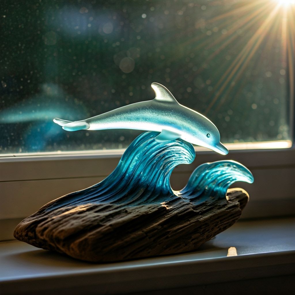 Dolphin Sea-Glass Sculpture on Driftwood with Sunbeam