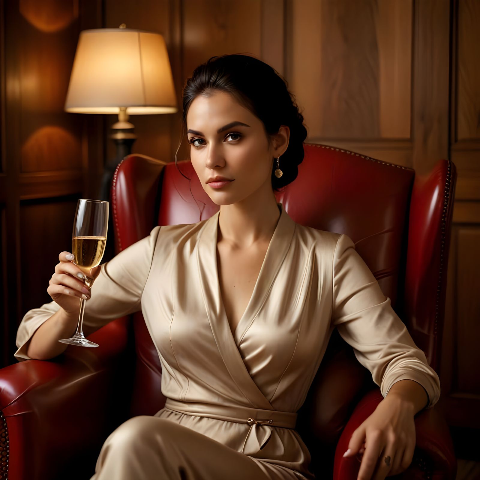 Woman Relaxing in Cozy Interior with Champagne