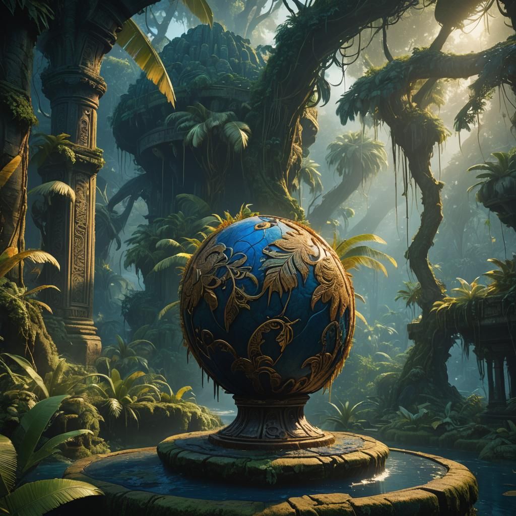 Glowing Coconut on Pedestal in Mystical Jungle